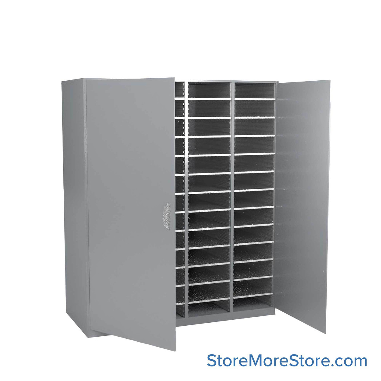 Mail Sorter Cabinet, 56.25" W x 17" D x 60" H, Oversize Slot Size, Full Length Hinged Cabinet Doors