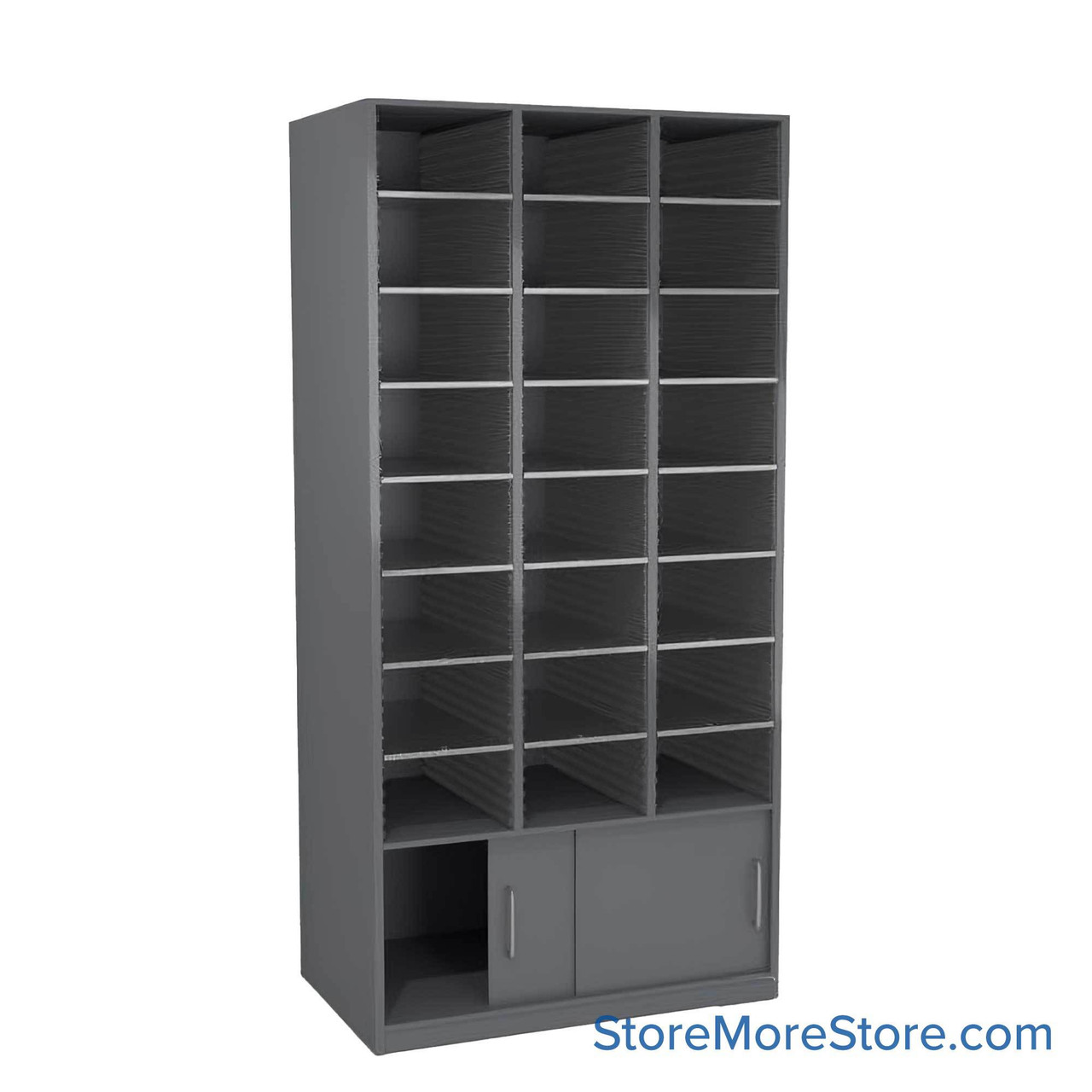 Mail Sorter Cabinet, 36.5" W x 17" D x 72" H, Legal Slot Size, Sliding Door Enclosed Bottom Storage