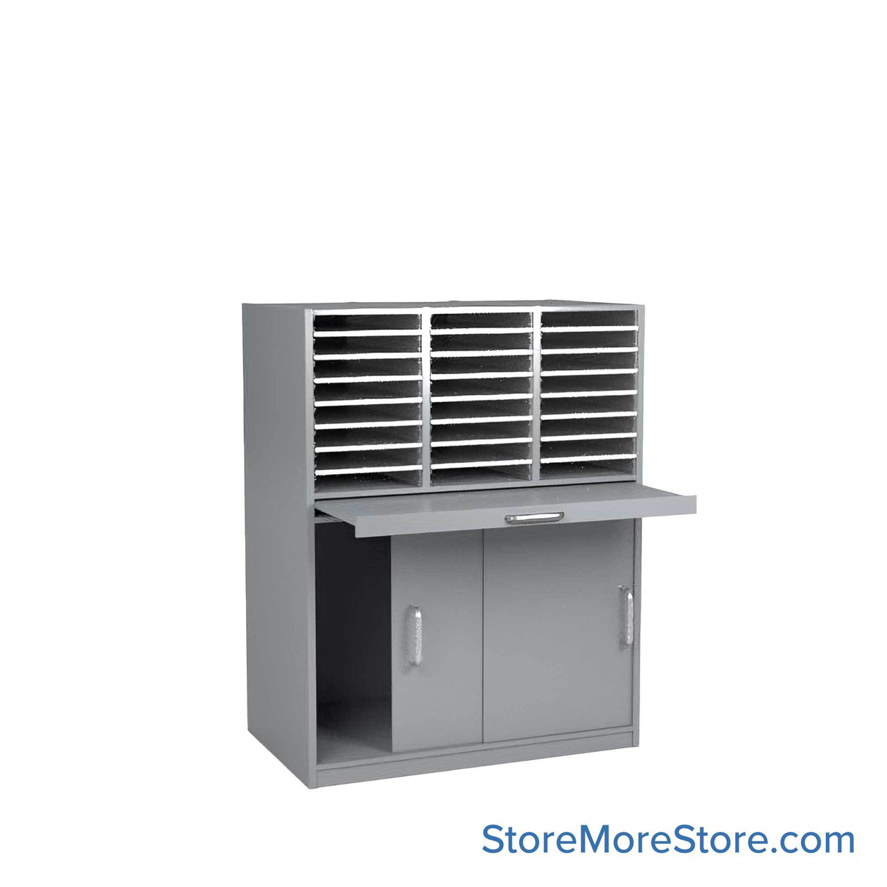 Mail Sorter Cabinet, 36.5" W x 13" D x 48" H, Letter Slot Size, Sliding Door Bottom Storage, 9.75" Pull-Out Shelf