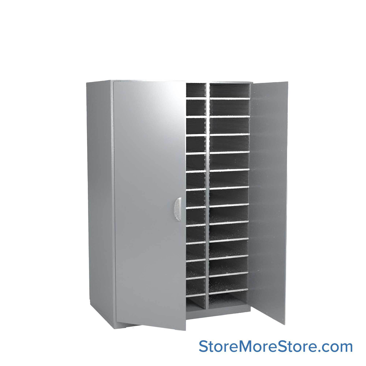 Mail Sorter Cabinet, 36.5" W x 13" D x 60" H, Letter Slot Size, Full Length Hinged Cabinet Doors