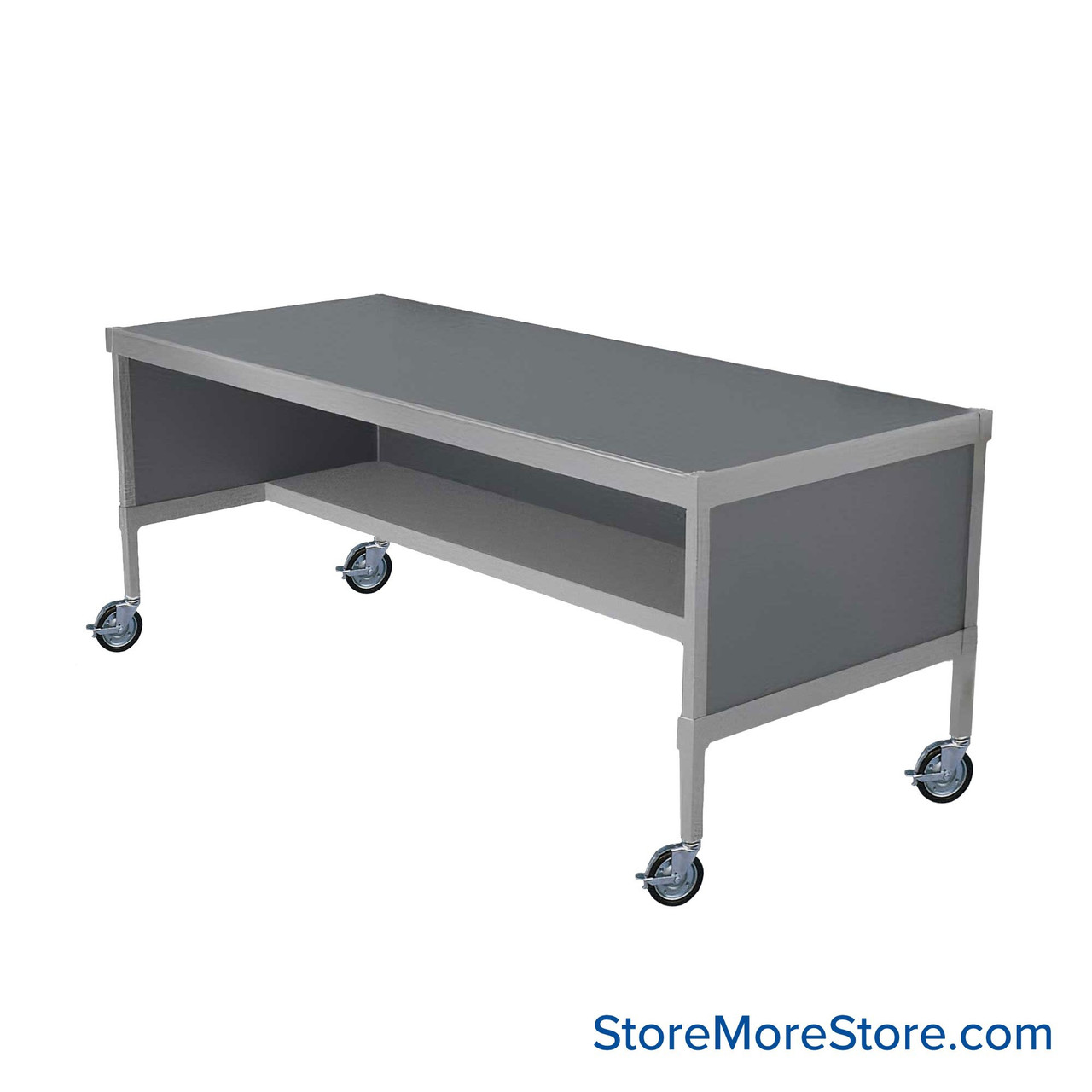 Mail Desk, 25" W x 84" D x 30" H, Half Shelf Desk, Includes Casters, 15.875" Modesty Panel Height