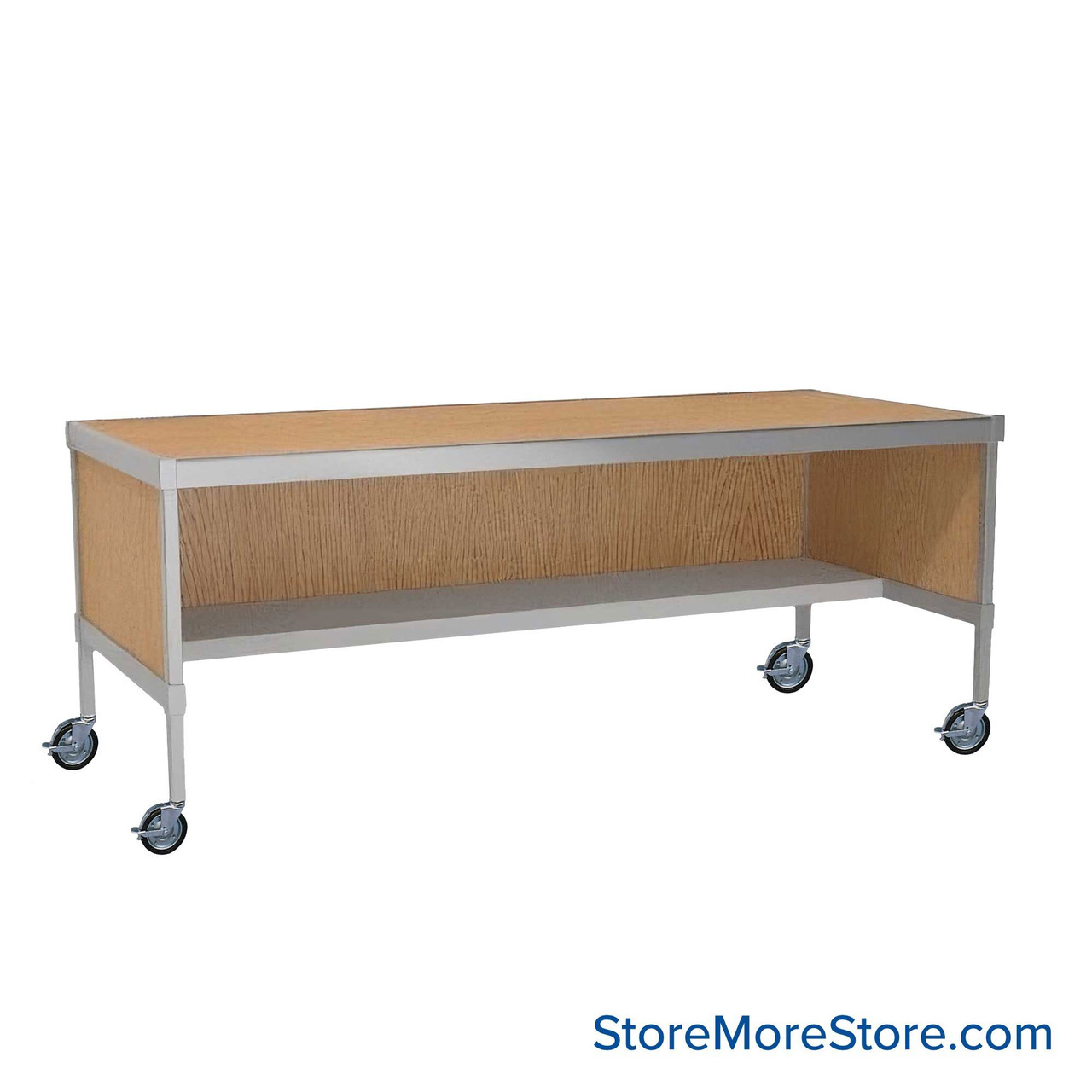 Mail Desk, 25" W x 84" D x 36" H, Half Shelf Desk, Includes Casters, 21.875" Modesty Panel Height