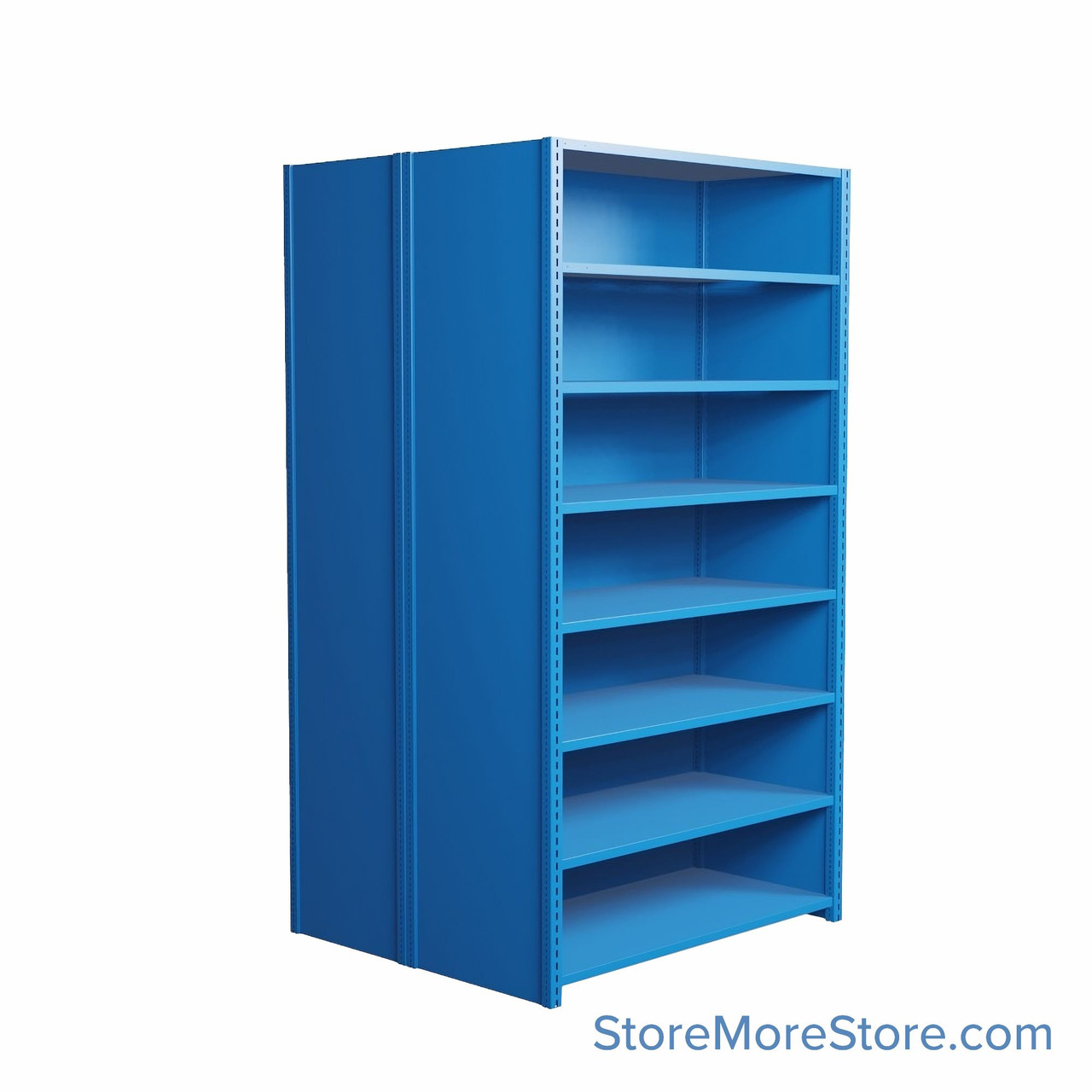 Industrial Shelving, 42" W x 36" D x 75" H, Closed Back-to-Back Shelving, 16 Shelves