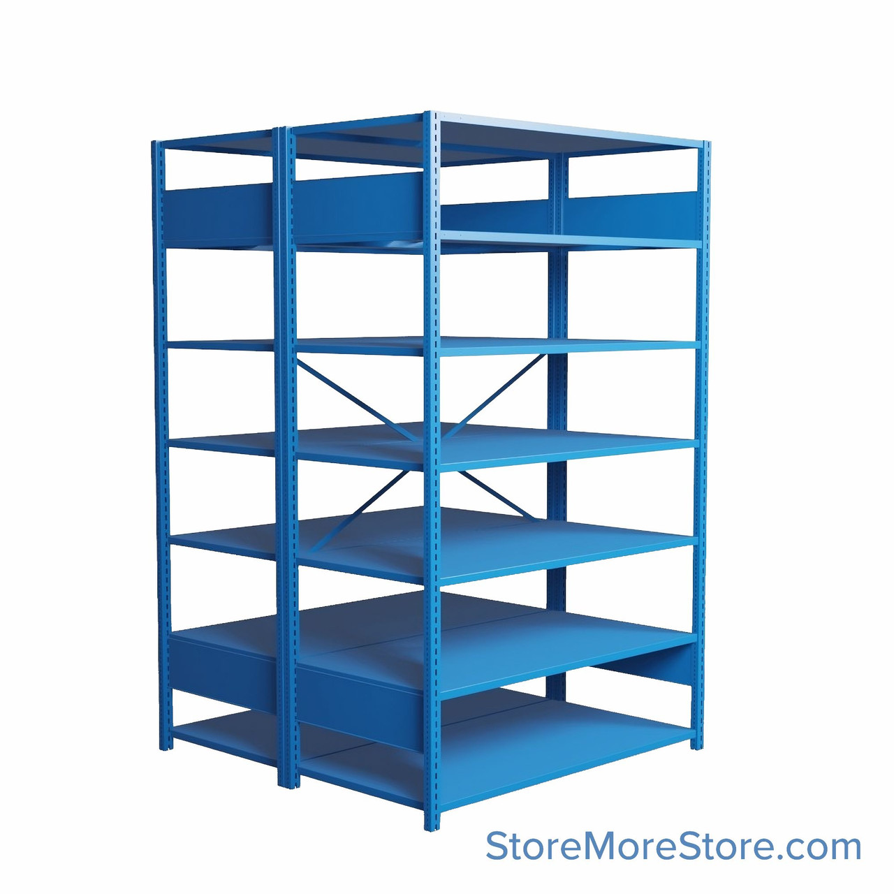 Industrial Shelving, 48" W x 48" D x 75" H, Open Back-to-Back Shelving, 14 Shelves