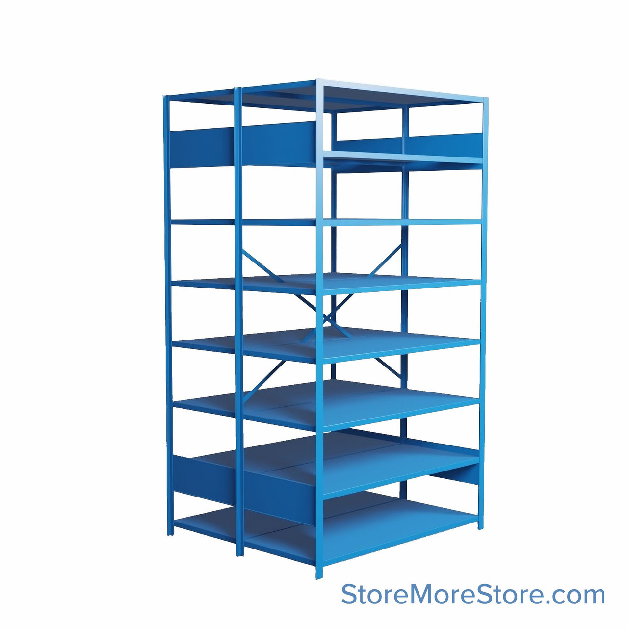 Industrial Shelving, 42" W x 36" D x 75" H, Open Back-to-Back Shelving, 16 Shelves