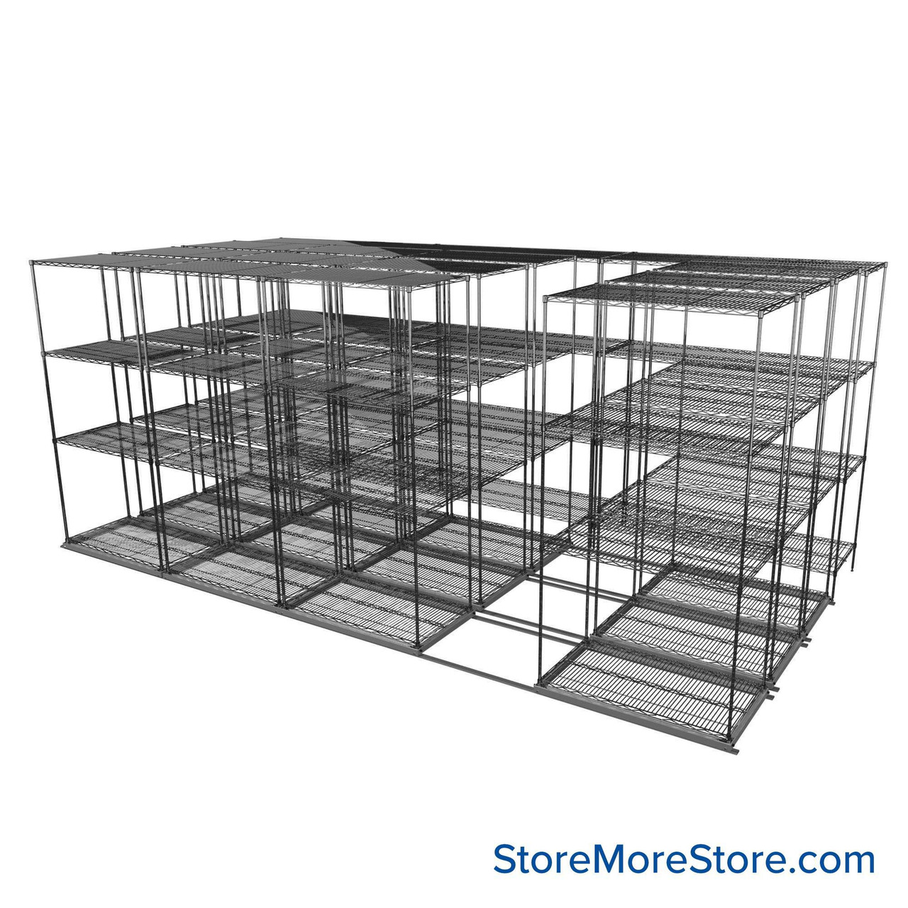 Sliding Wire Shelving, 193" W x 78" D x 90" H, 21" Shelf Depth, 3 Rows, Chrome