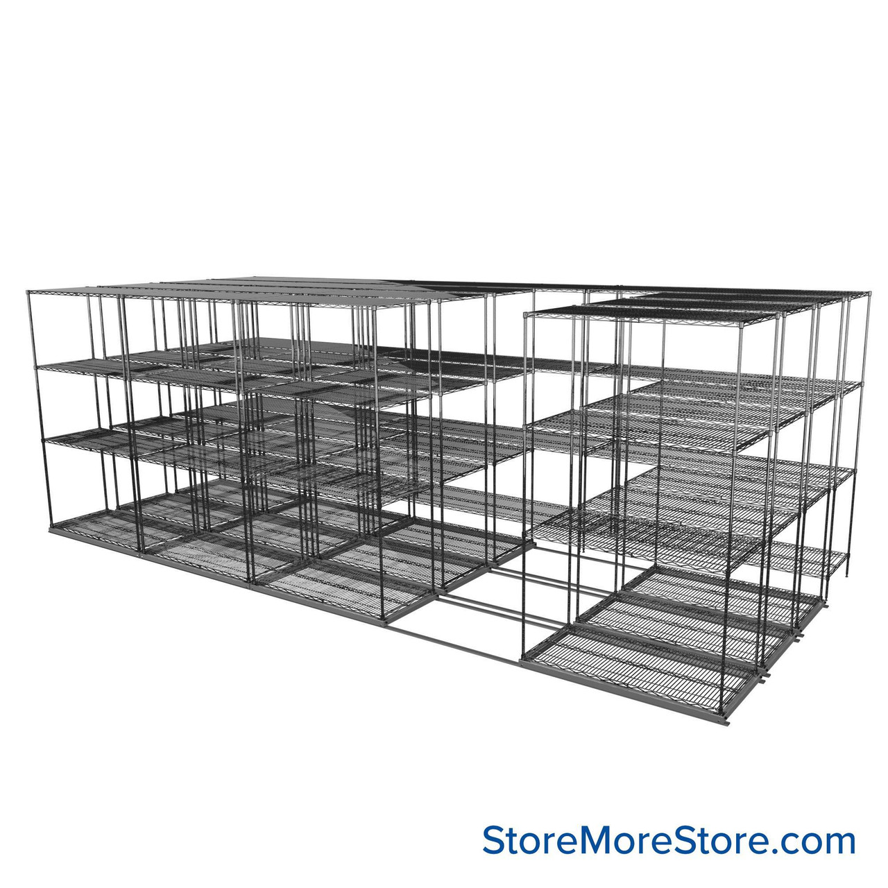 Sliding Wire Shelving, 223" W x 78" D x 90" H, 21" Shelf Depth, 3 Rows, Chrome