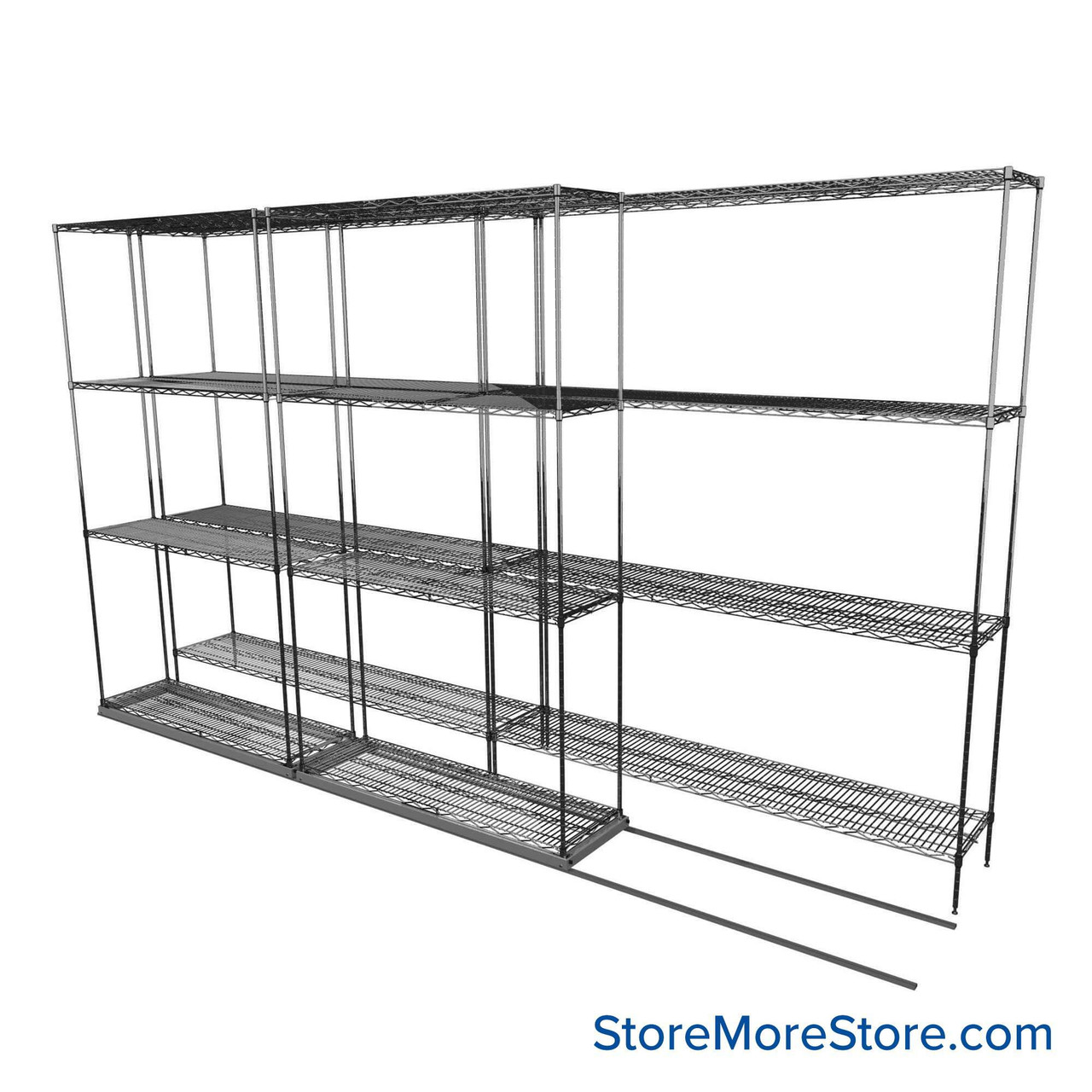 Sliding Wire Shelving, 134" W x 30" D x 78" H, 14" Shelf Depth, 1 Row, Corrosion Resistant Zinc