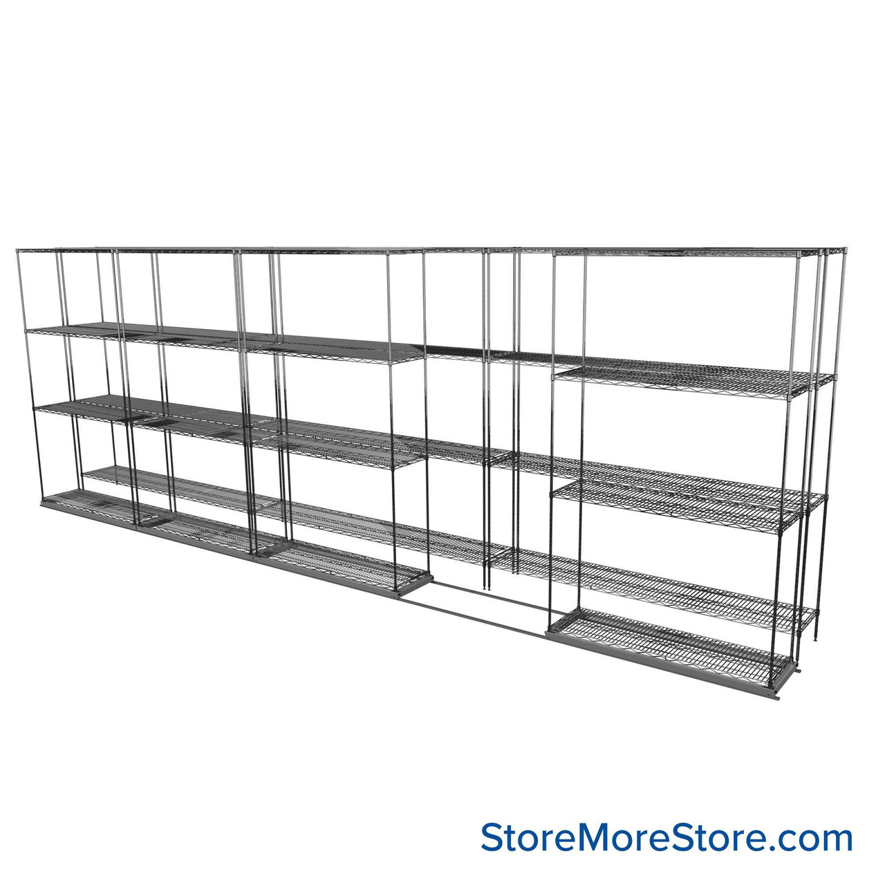 Sliding Wire Shelving, 223" W x 30" D x 78" H, 14" Shelf Depth, 1 Row, Chrome