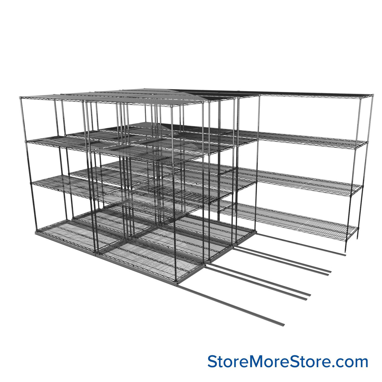 Sliding Wire Shelving, 152" W x 78" D x 90" H, 21" Shelf Depth, 3 Rows, Corrosion Resistant Zinc