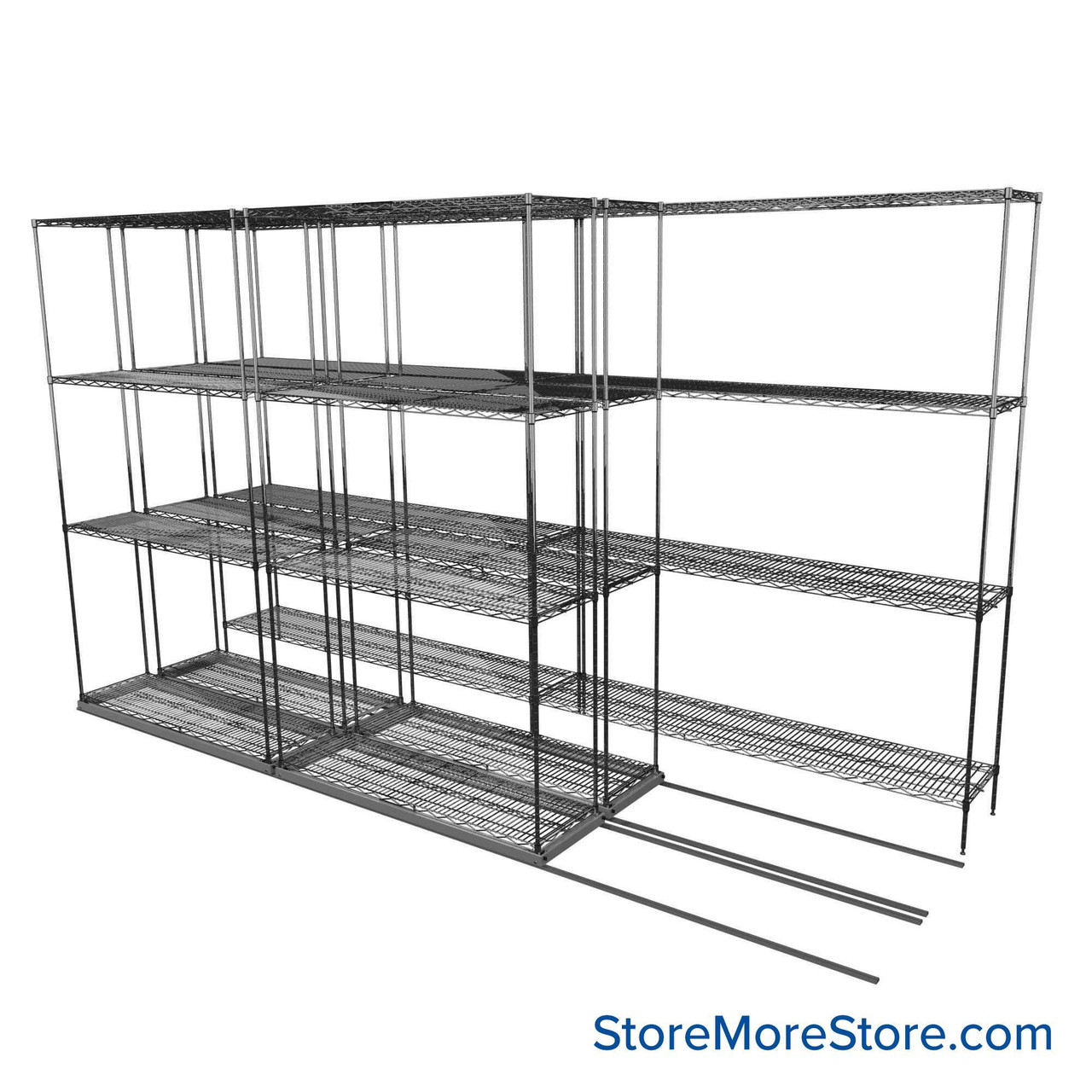 Sliding Wire Shelving, 134" W x 46" D x 78" H, 14" Shelf Depth, 2 Rows, Chrome