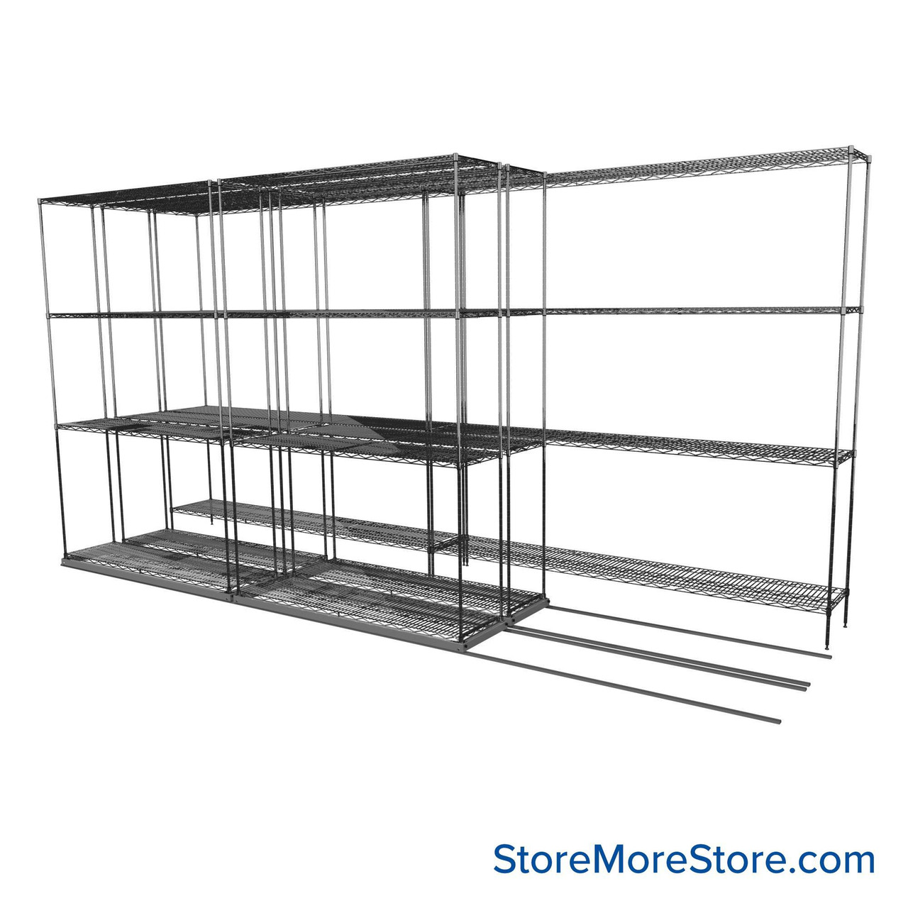 Sliding Wire Shelving, 152" W x 46" D x 78" H, 14" Shelf Depth, 2 Rows, Chrome