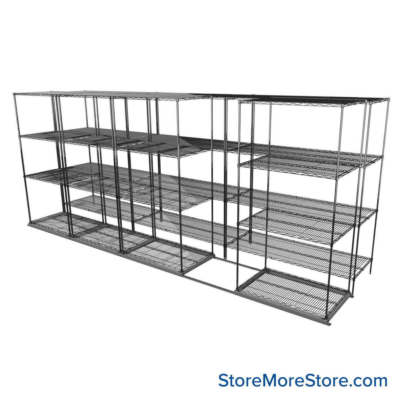 Sliding Wire Shelving, 193" W x 50" D x 78" H, 24" Shelf Depth, 1 Row, Chrome