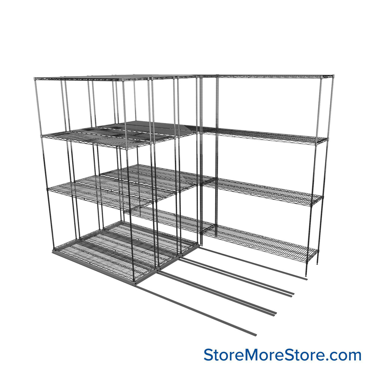 Sliding Wire Shelving, 102" W x 62" D x 78" H, 14" Shelf Depth, 3 Rows, Chrome