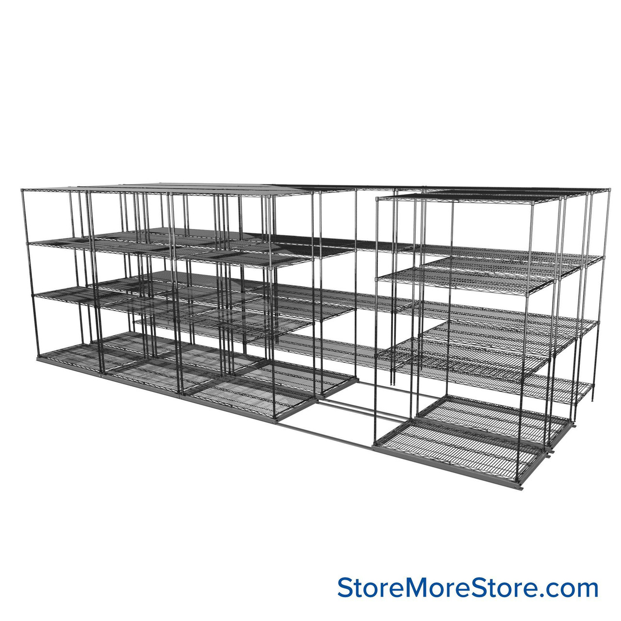 Sliding Wire Shelving, 223" W x 76" D x 78" H, 24" Shelf Depth, 2 Rows, Chrome