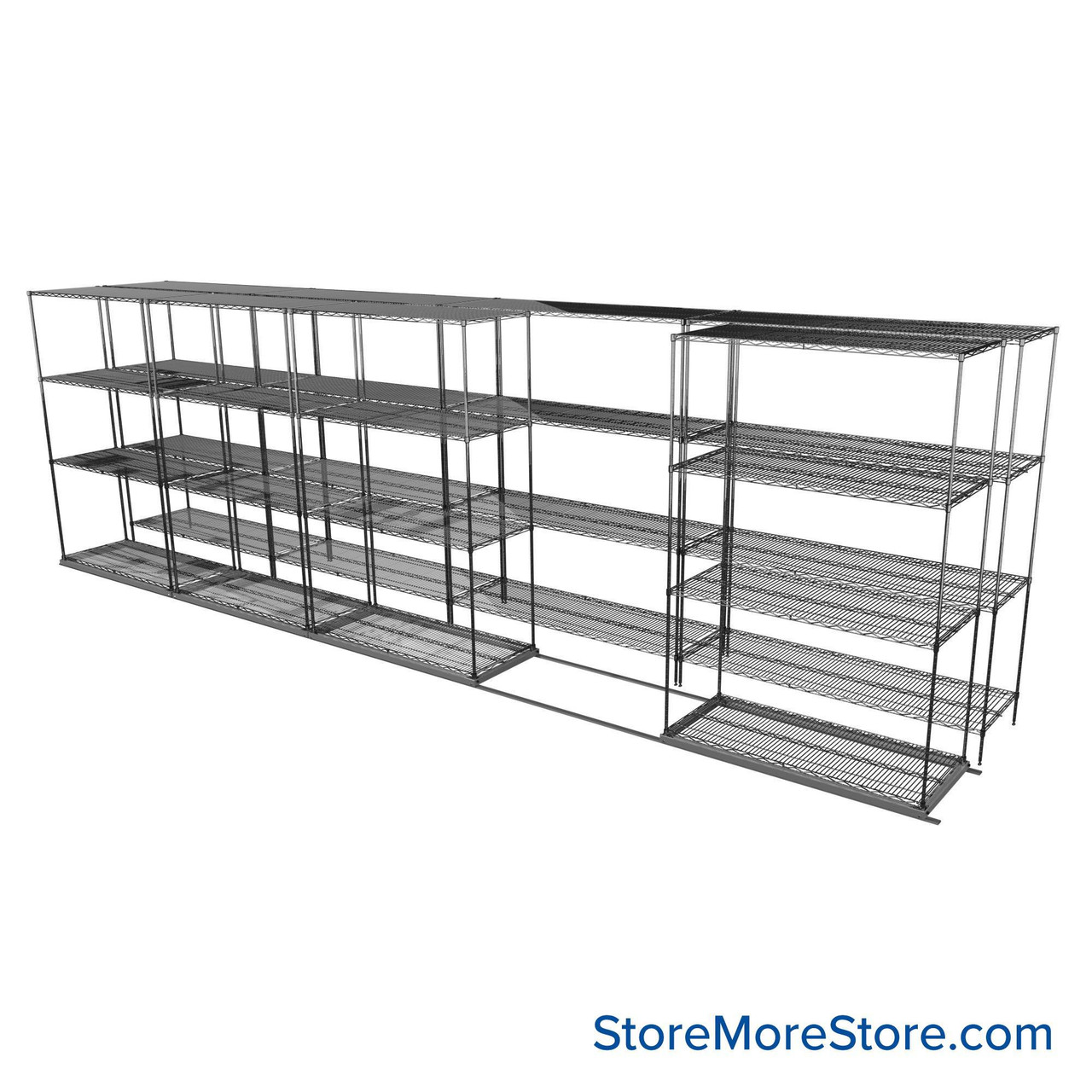Sliding Wire Shelving, 253" W x 44" D x 78" H, 21" Shelf Depth, 1 Row, Chrome