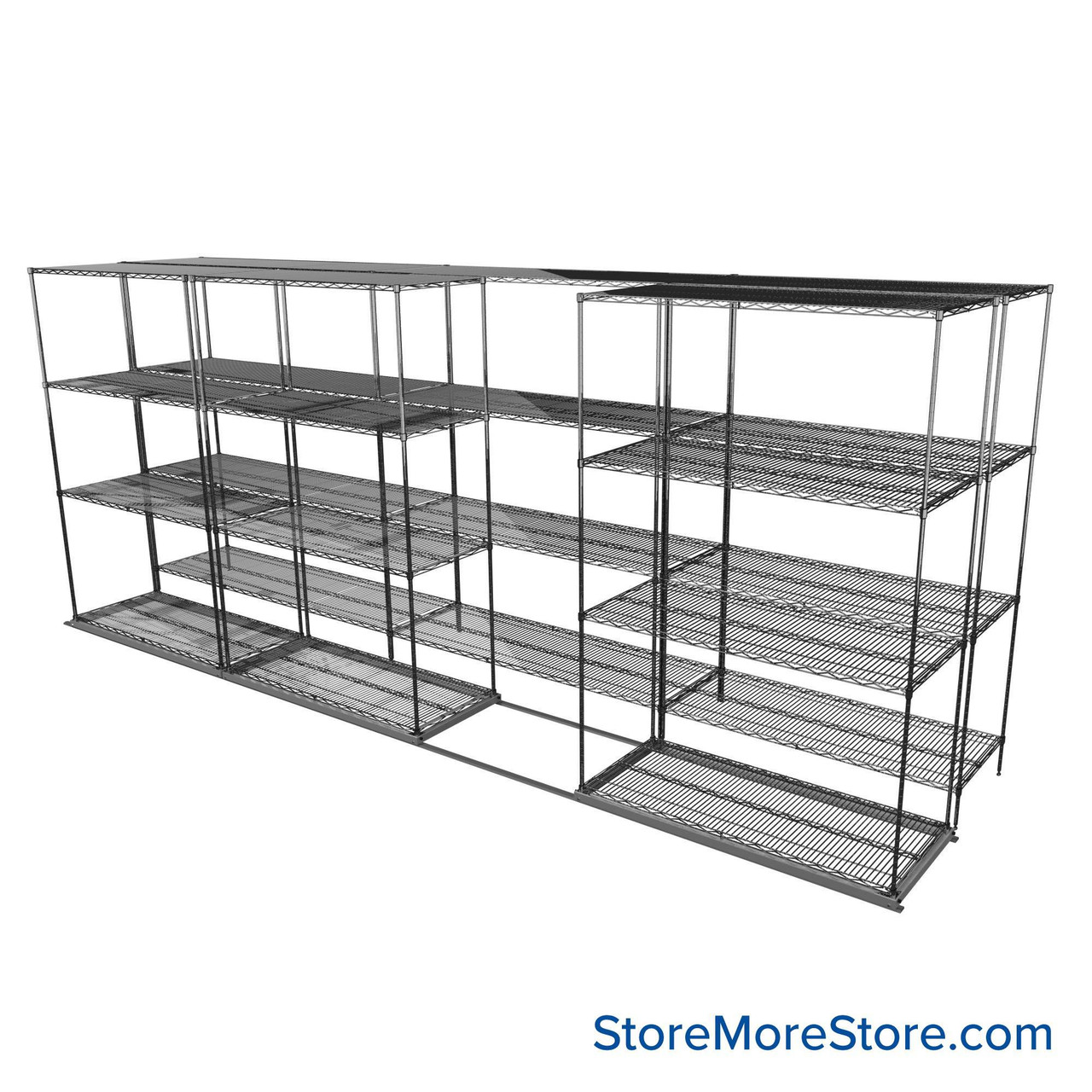 Sliding Wire Shelving, 203" W x 44" D x 78" H, 21" Shelf Depth, 1 Row, Corrosion Resistant Zinc