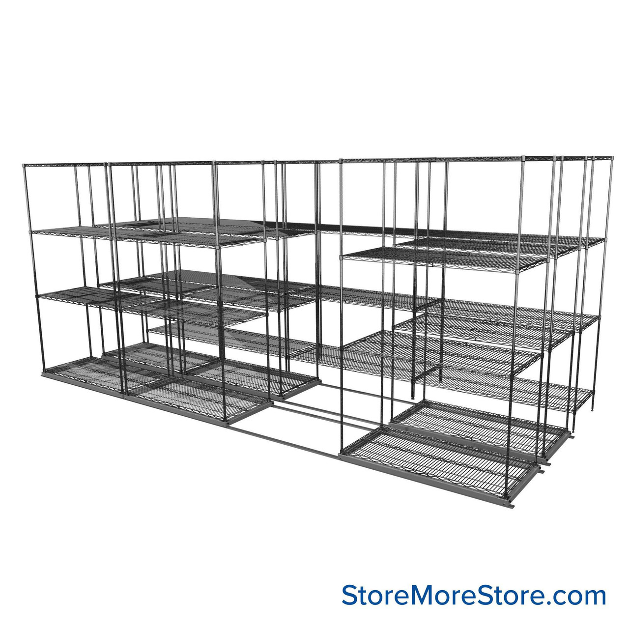 Sliding Wire Shelving, 179" W x 67" D x 78" H, 21" Shelf Depth, 2 Rows, Chrome