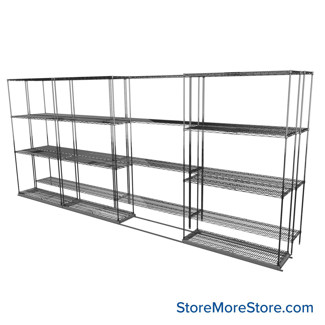 Sliding Wire Shelving, 179" W x 30" D x 78" H, 14" Shelf Depth, 1 Row, Chrome