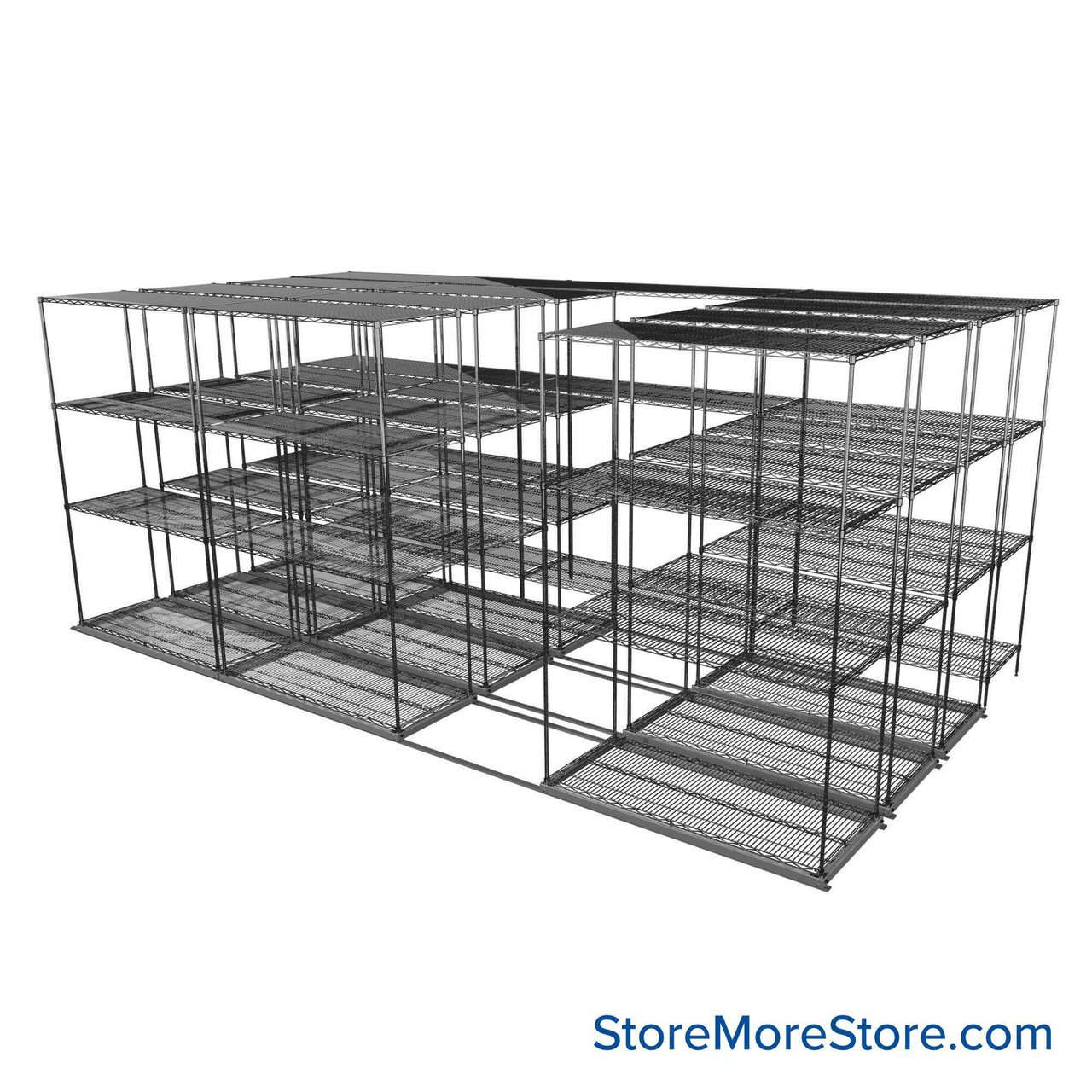 Sliding Wire Shelving, 203" W x 78" D x 90" H, 21" Shelf Depth, 3 Rows, Chrome
