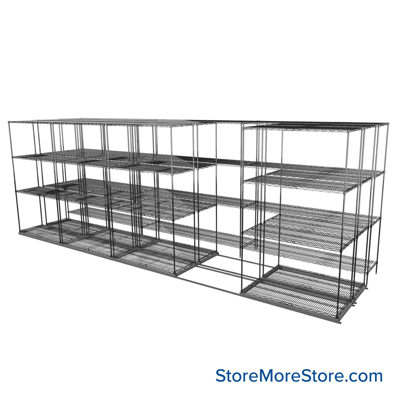 Sliding Wire Shelving, 223" W x 58" D x 78" H, 18" Shelf Depth, 2 Rows, Chrome