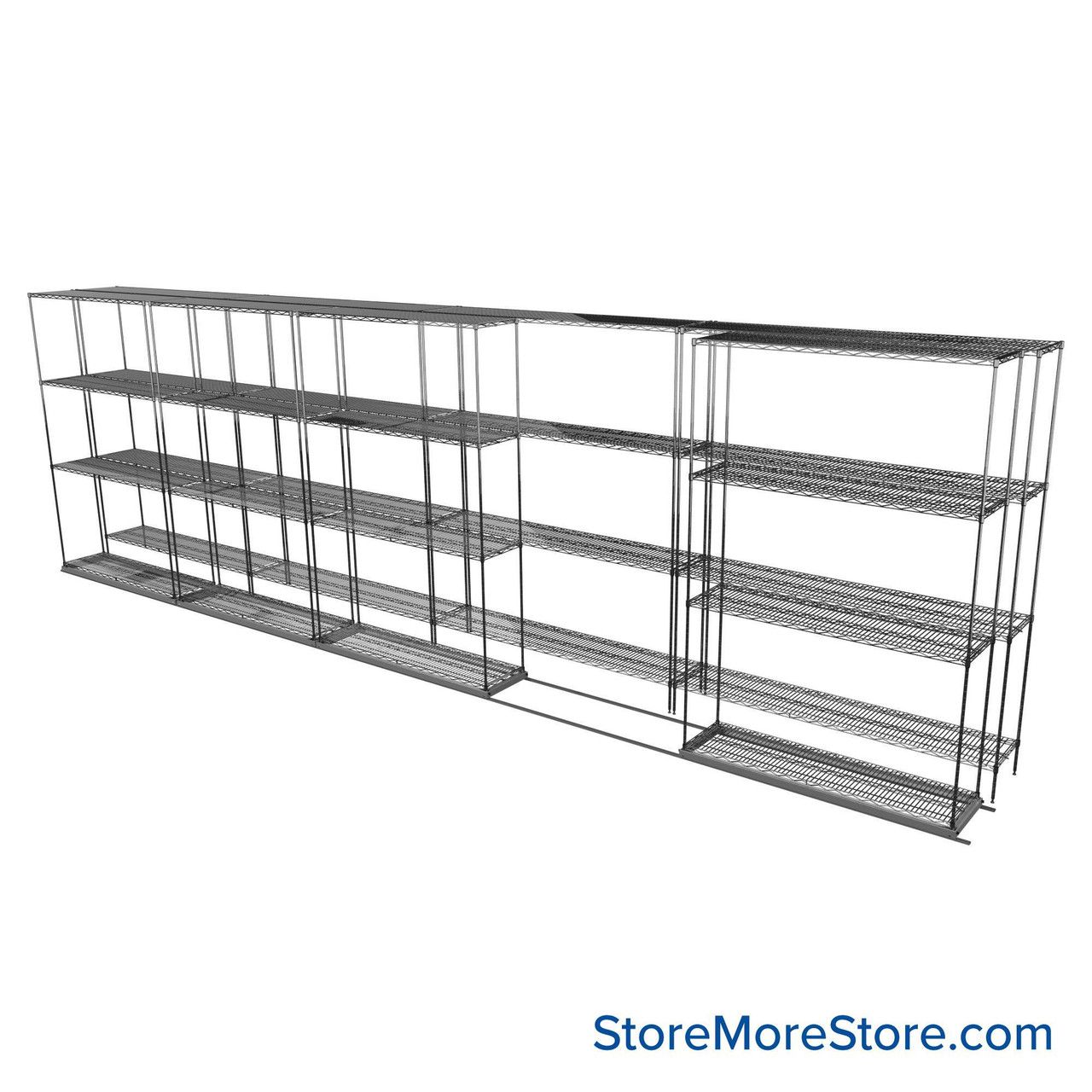 Sliding Wire Shelving, 253" W x 30" D x 78" H, 14" Shelf Depth, 1 Row, Chrome