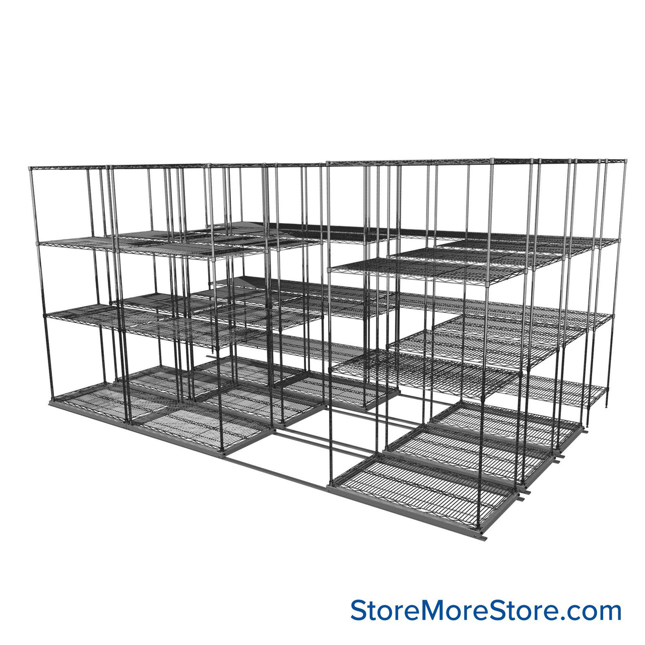 Sliding Wire Shelving, 146" W x 78" D x 90" H, 21" Shelf Depth, 3 Rows, Corrosion Resistant Zinc