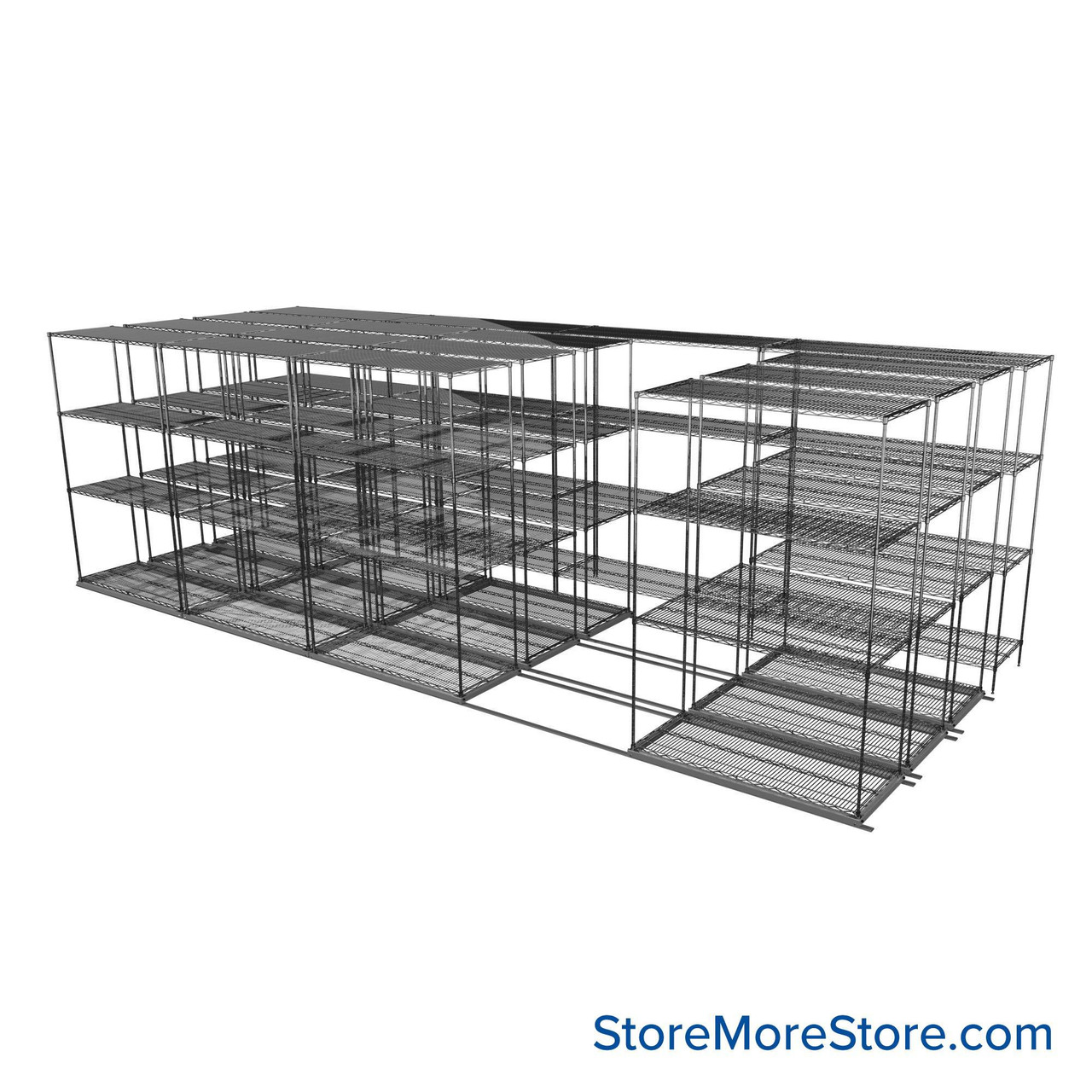 Sliding Wire Shelving, 253" W x 78" D x 90" H, 21" Shelf Depth, 3 Rows, Chrome