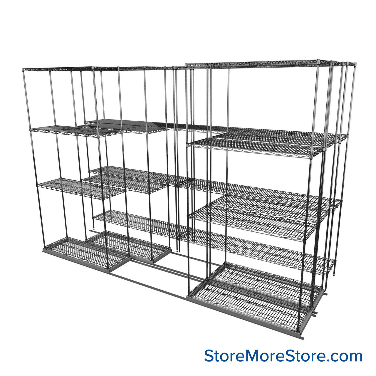 Sliding Wire Shelving, 116" W x 46" D x 78" H, 14" Shelf Depth, 2 Rows, Chrome