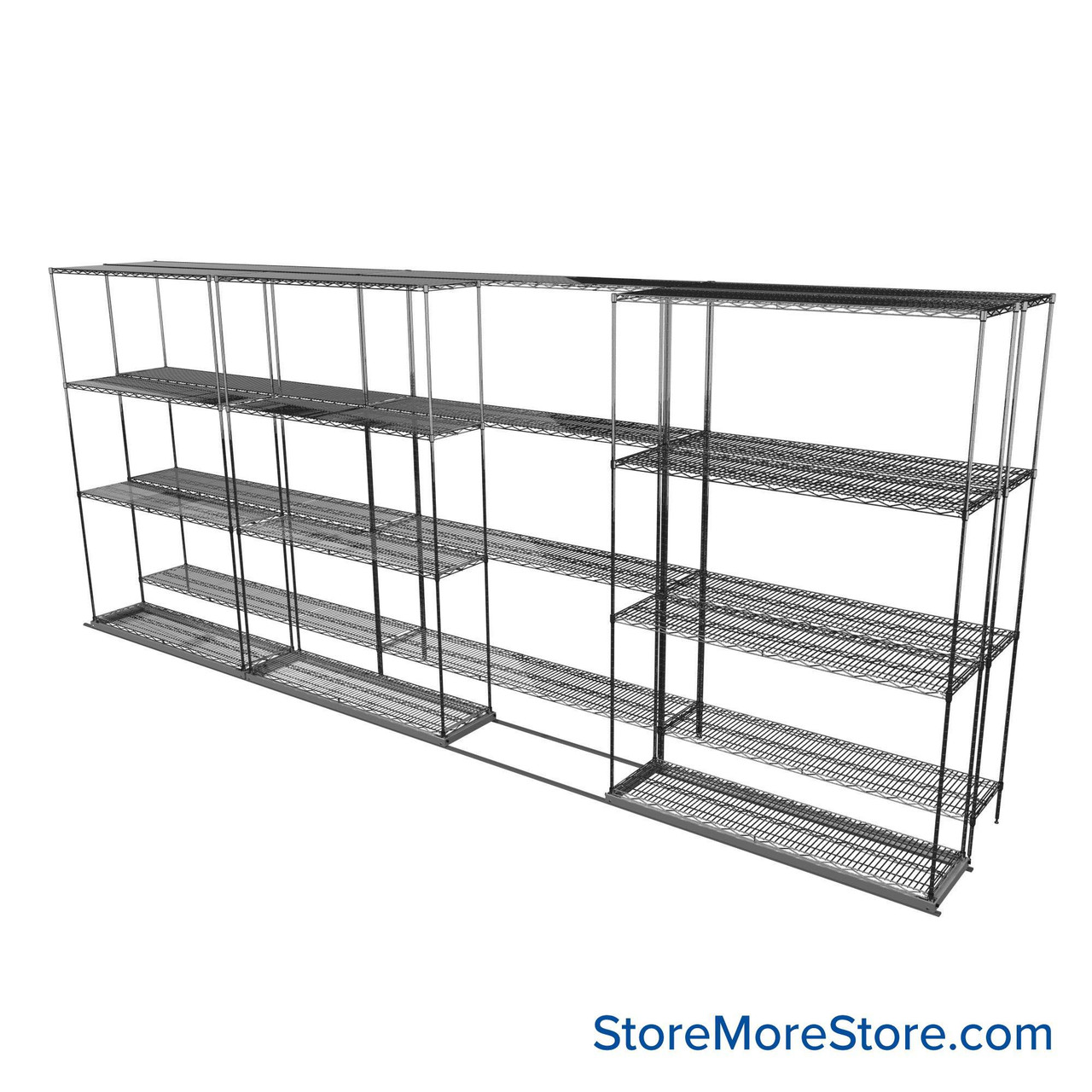 Sliding Wire Shelving, 203" W x 30" D x 78" H, 14" Shelf Depth, 1 Row, Corrosion Resistant Zinc