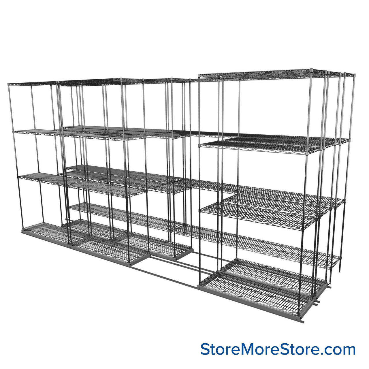 Sliding Wire Shelving, 146" W x 46" D x 78" H, 14" Shelf Depth, 2 Rows, Chrome