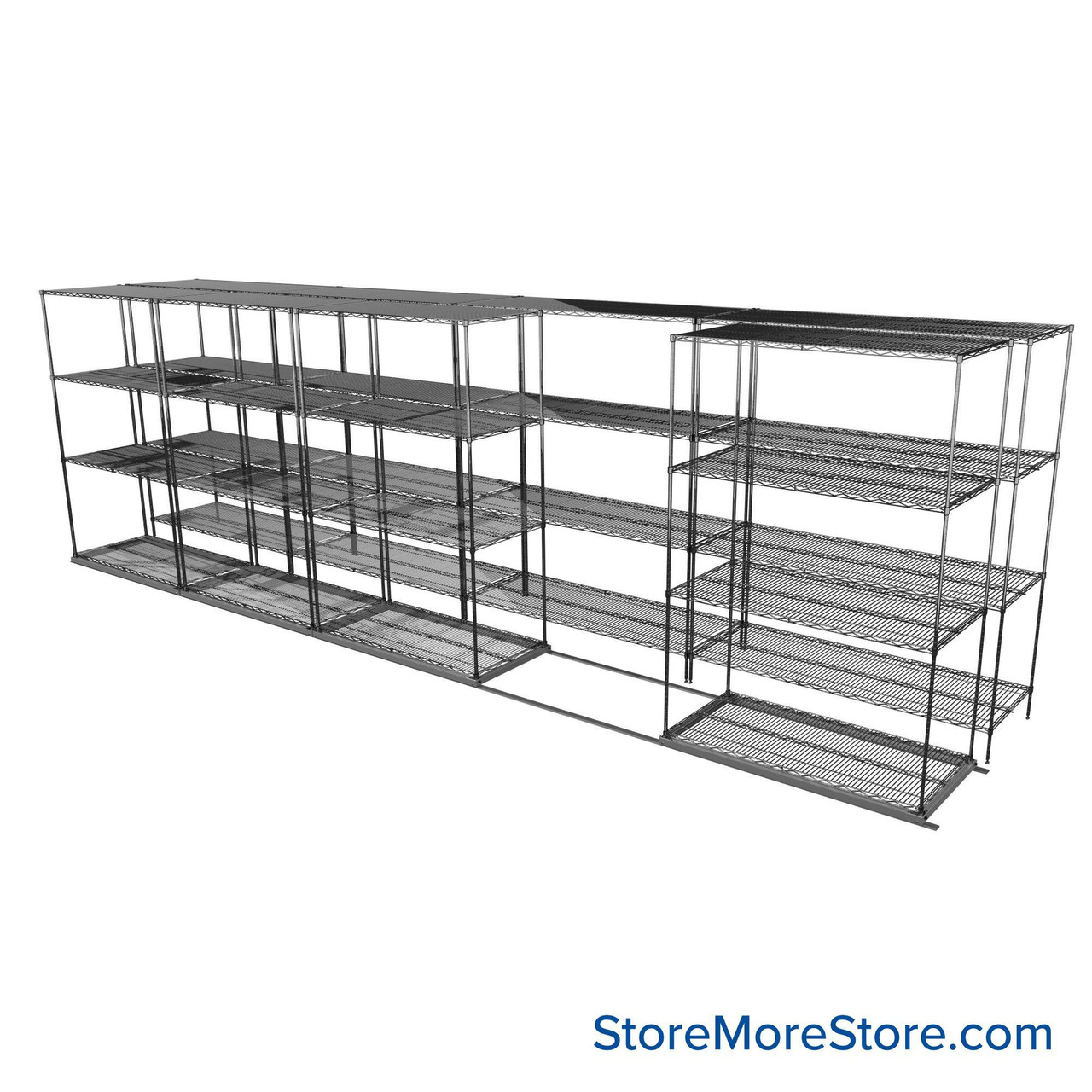Sliding Wire Shelving, 253" W x 50" D x 78" H, 24" Shelf Depth, 1 Row, Chrome