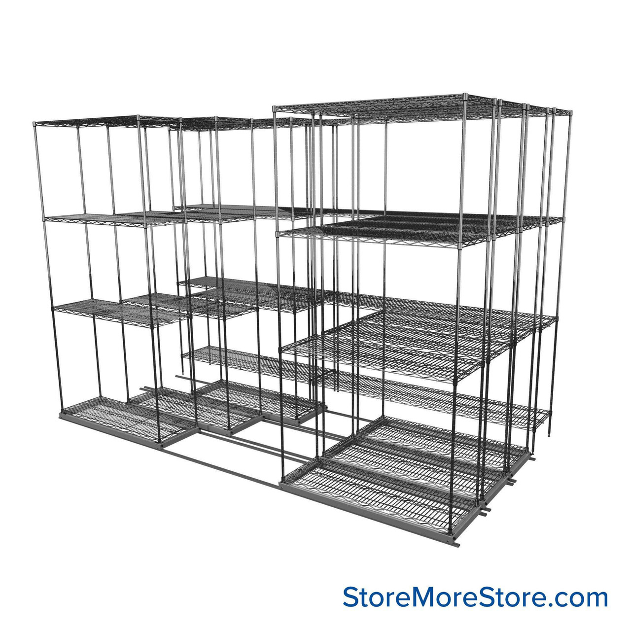 Sliding Wire Shelving, 116" W x 62" D x 78" H, 14" Shelf Depth, 3 Rows, Chrome