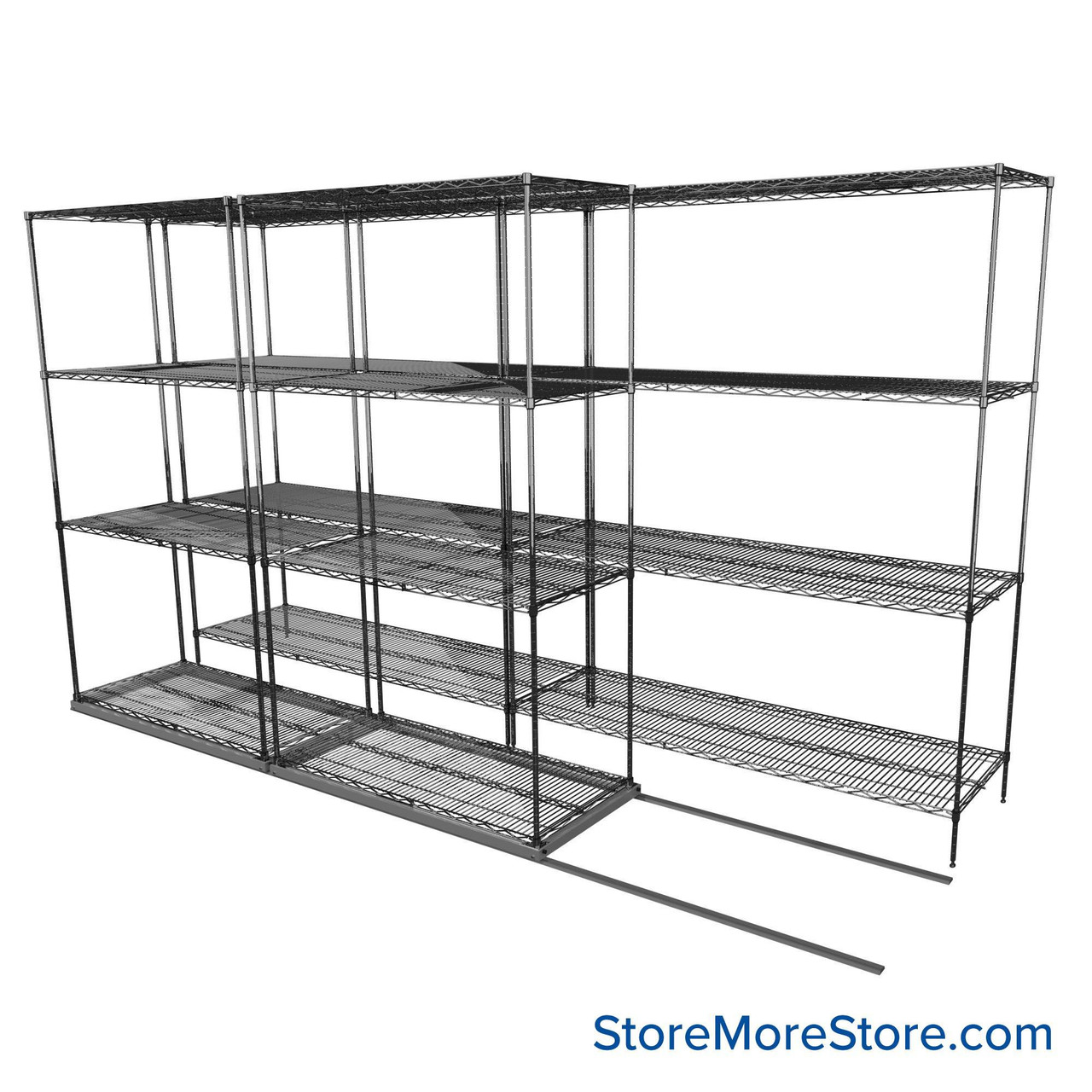 Sliding Wire Shelving, 134" W x 44" D x 78" H, 21" Shelf Depth, 1 Row, Chrome