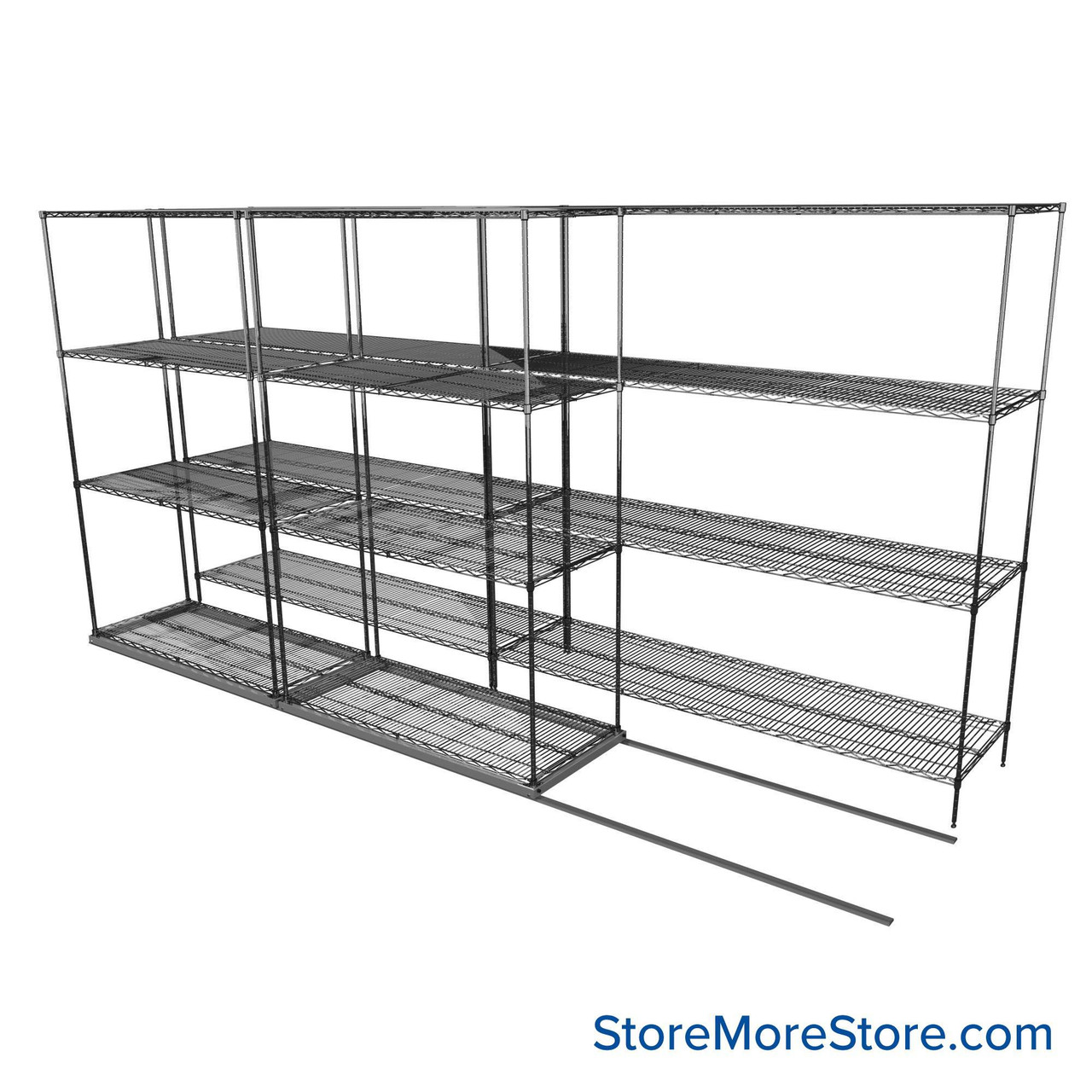 Sliding Wire Shelving, 152" W x 44" D x 78" H, 21" Shelf Depth, 1 Row, Chrome