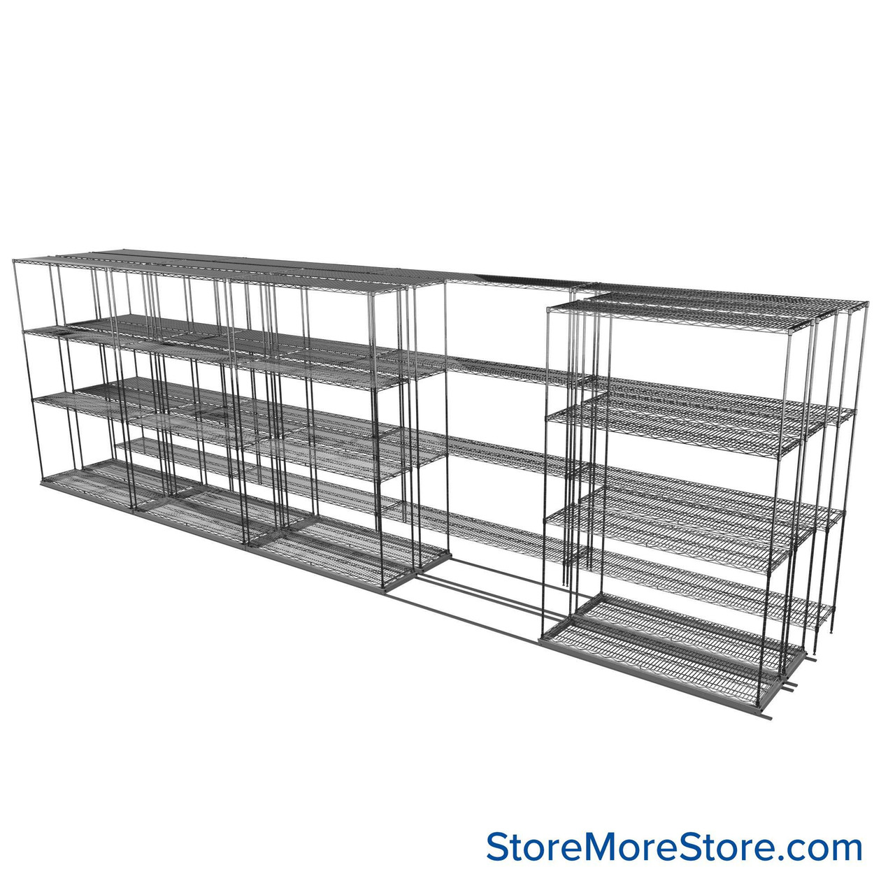 Sliding Wire Shelving, 253" W x 46" D x 78" H, 14" Shelf Depth, 2 Rows, Corrosion Resistant Zinc