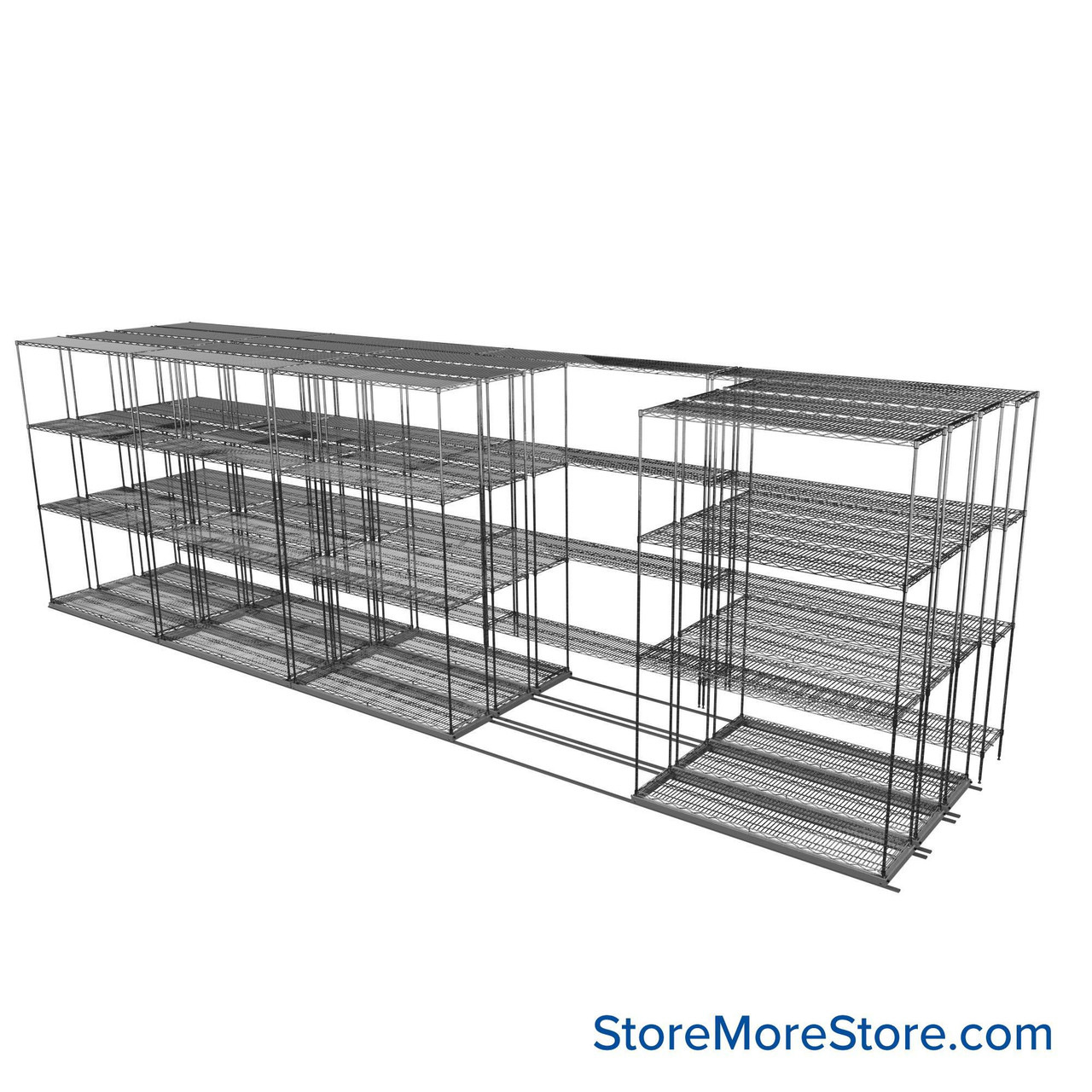 Sliding Wire Shelving, 253" W x 62" D x 78" H, 14" Shelf Depth, 3 Rows, Chrome
