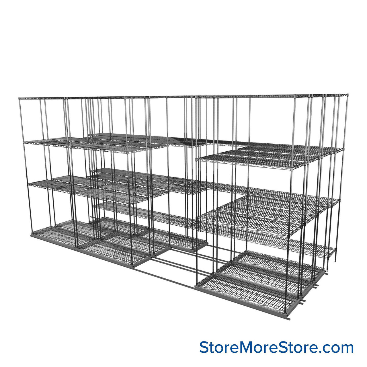 Sliding Wire Shelving, 146" W x 62" D x 78" H, 14" Shelf Depth, 3 Rows, Corrosion Resistant Zinc