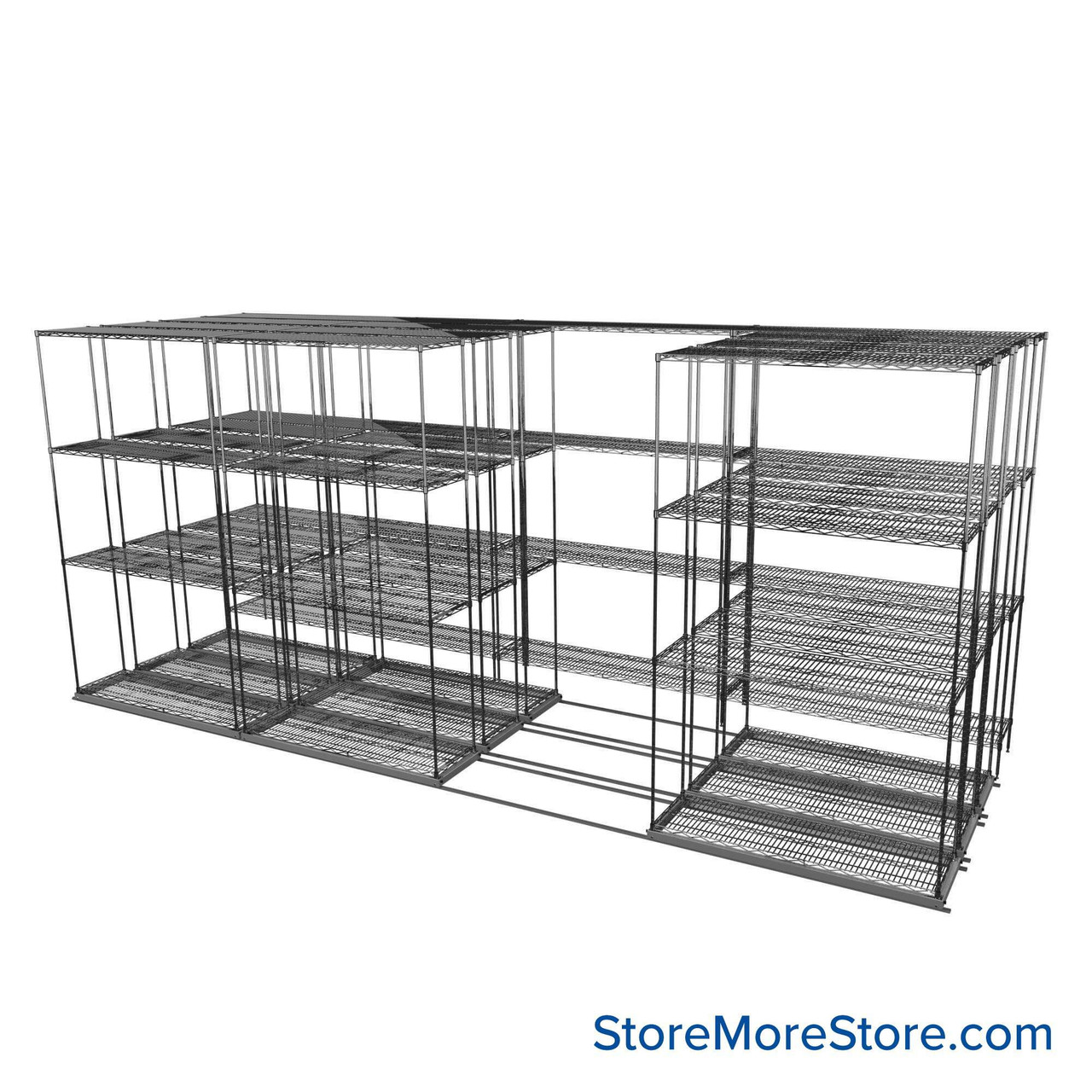 Sliding Wire Shelving, 179" W x 62" D x 78" H, 14" Shelf Depth, 3 Rows, Corrosion Resistant Zinc