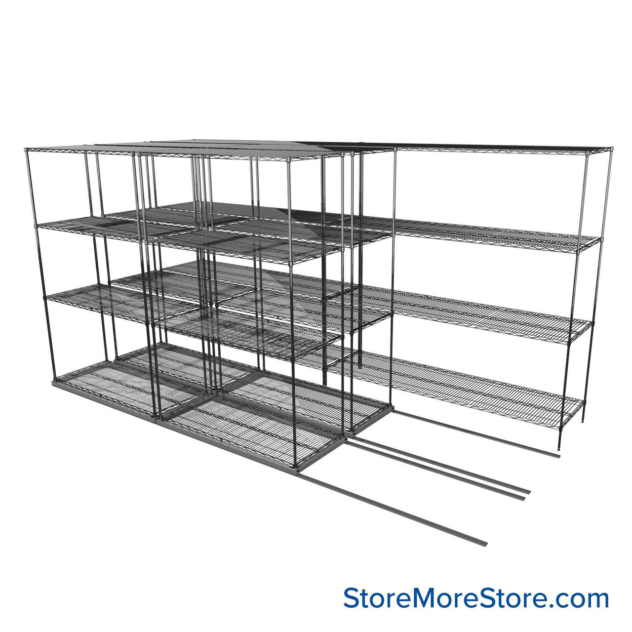 Sliding Wire Shelving, 152" W x 67" D x 78" H, 21" Shelf Depth, 2 Rows, Chrome