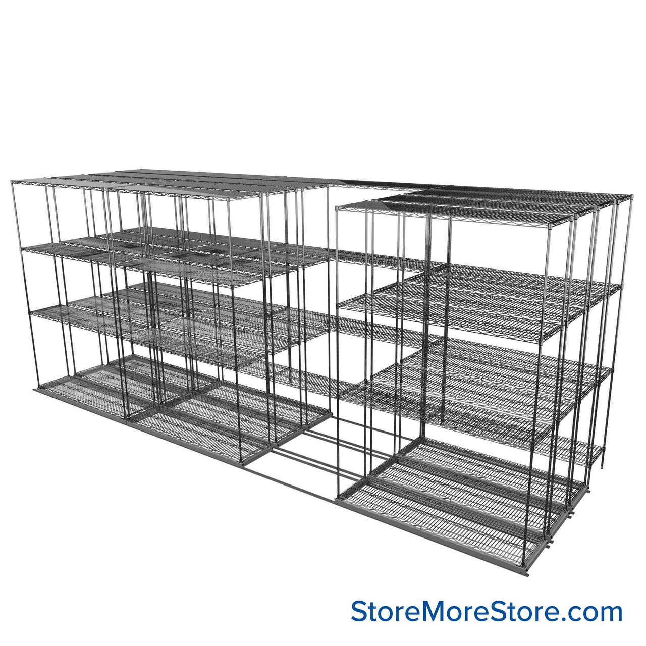 Sliding Wire Shelving, 203" W x 62" D x 78" H, 14" Shelf Depth, 3 Rows, Corrosion Resistant Zinc