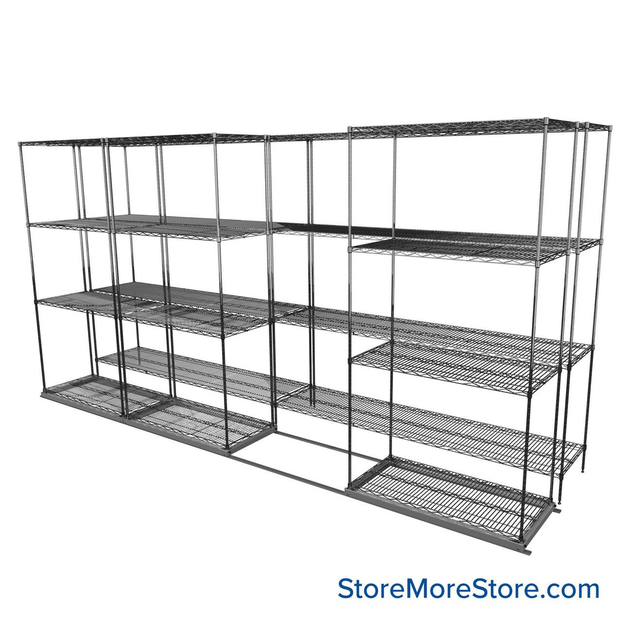 Sliding Wire Shelving, 146" W x 38" D x 78" H, 18" Shelf Depth, 1 Row, Chrome