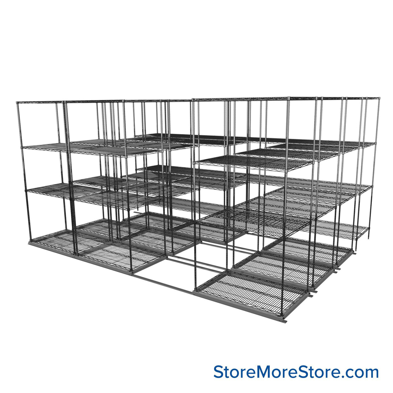 Sliding Wire Shelving, 146" W x 78" D x 95" H, 24" Shelf Depth, 3 Rows, Chrome