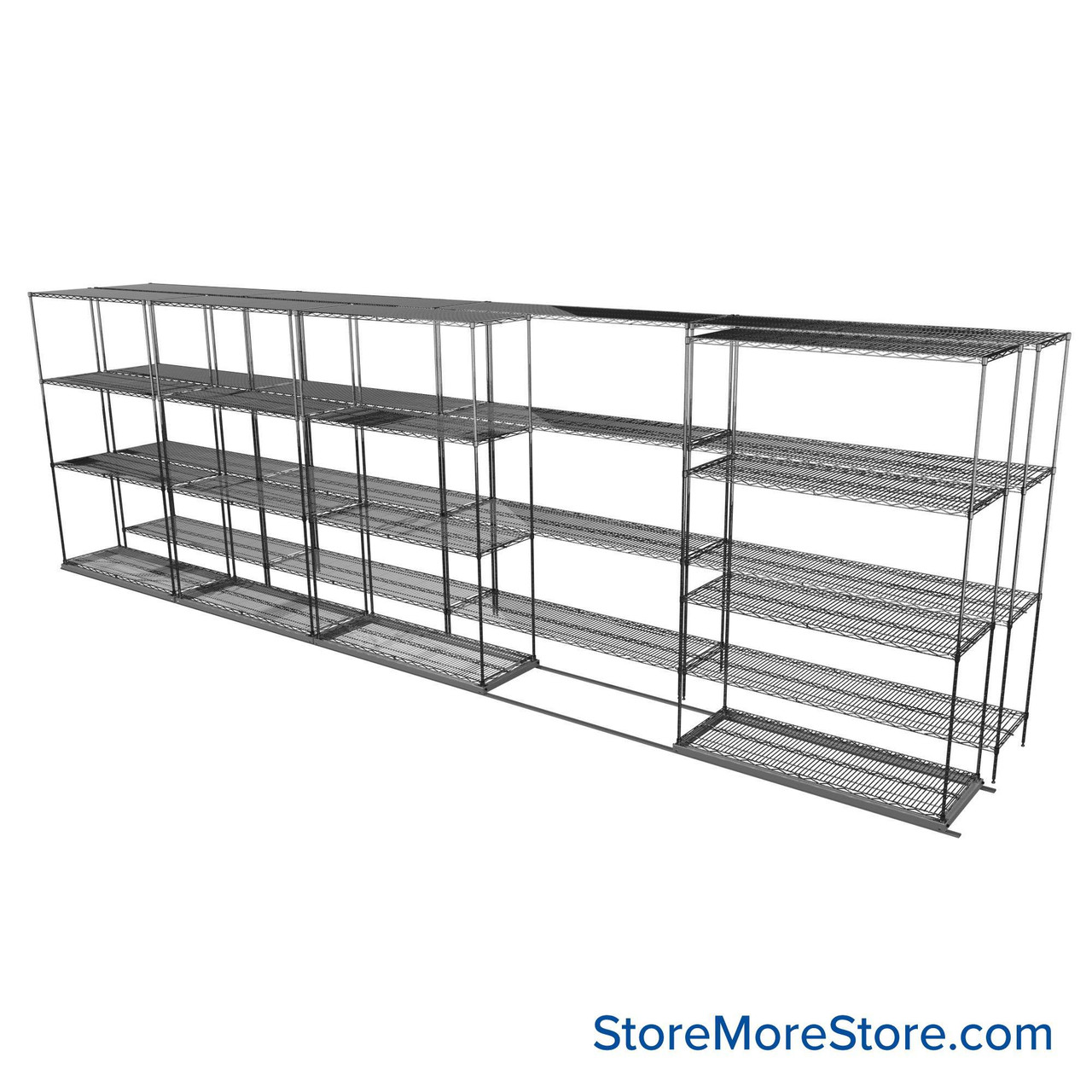 Sliding Wire Shelving, 253" W x 38" D x 78" H, 18" Shelf Depth, 1 Row, Chrome