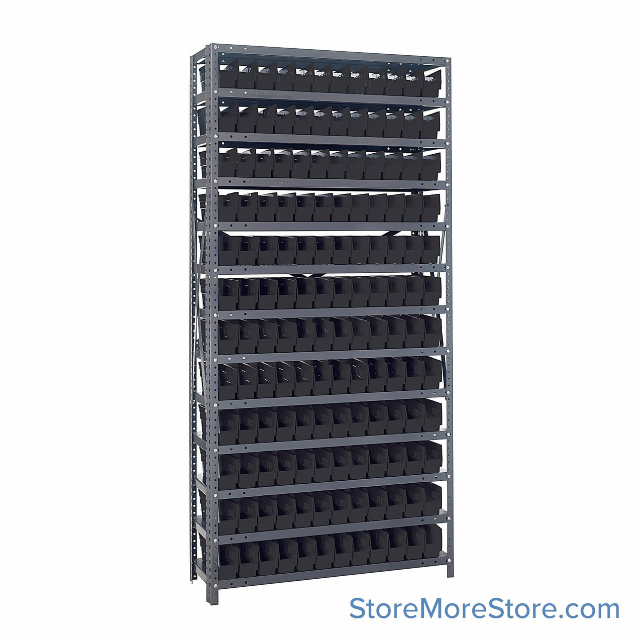 Bin Storage Shelves, 12" D x 75" H, 13 Shelves, 144 Bins, Black