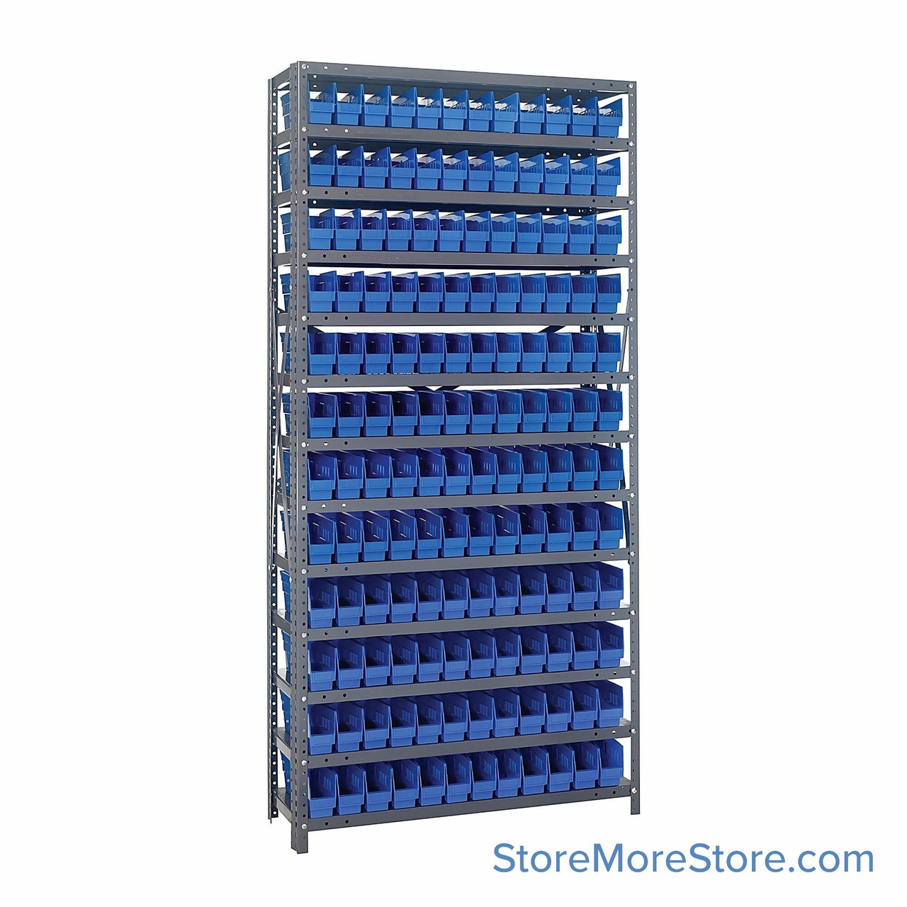 Bin Storage Shelves, 12" D x 75" H, 13 Shelves, 144 Bins, Blue