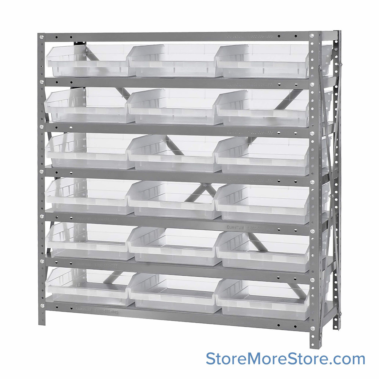 Bin Storage Shelves, 12" D x 39" H, 7 Shelves, 18 Bins, Clear