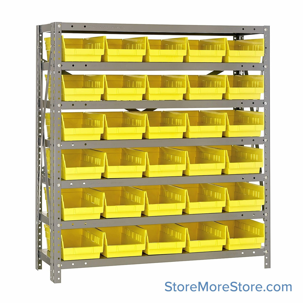 Bin Storage Shelves, 12" D x 39" H, 7 Shelves, 30 Bins, Yellow