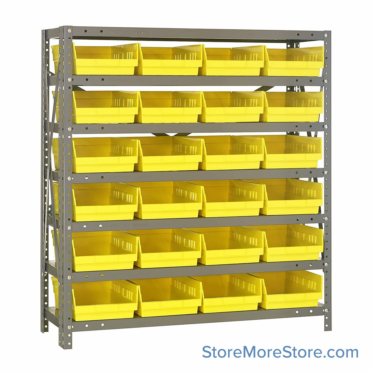 Bin Storage Shelves, 12" D x 39" H, 7 Shelves, 24 Bins, Yellow