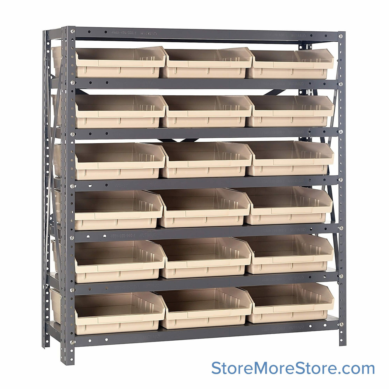 Bin Storage Shelves, 12" D x 39" H, 7 Shelves, 18 Bins, Ivory